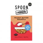 Image shows five ManiLife Peanut Butter Granola 400g packs with peanut-toned packaging and clear brand text, arranged beside Spoon Cereals chutney & condiments jars and sachets; labels, jar lids and granola clusters are visible.