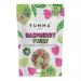 Photo shows a glossy raspberry-pink pouch labeled Yumma Candy Raspberry Twist 138g. Front features a bold logo and illustrated red-and-white twisted candies, with a clear window revealing real twists inside. Packaging has bright accents, nutritional text and a resealable top. Light reflects on gloss