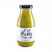 A clear glass jar with a metal screw lid holds golden-brown pickle sauce flecked with spices. A cream label wraps the jar with hand-drawn illustrations, bold dark lettering of the brand and product name, and decorative borders. Six jars stand in a neat row. Soft studio lighting casts warm highlight.