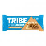 The image shows a neatly arranged box of TRIBE Protein + Focus Flapjacks with individual peanut butter blondie bars visible. Packaging uses warm tan and orange tones, a bold TRIBE logo and product name. Bars display a moist, crumbly texture with peanut swirls.