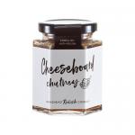 Six glass jars of Hawkshead Relish Cheeseboard chutney sit grouped on a neutral background. Each jar shows amber-brown preserve through clear glass, cream label with Hawkshead Relish logo and black screw-top lid, neatly arranged in two rows.