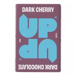 A cluster of ten UP-UP dark cherry chocolate bars sits in a rectangular pack. Deep burgundy wrappers show glossy chocolate squares and a sliced cherry image. The box features bold white UP-UP lettering, gold trim and a subtle sheen under studio lighting. Soft reflections catch subtle foil highlights