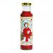 Label shows a reverent depiction of Saint Francis of Assisi in earthy tones, haloed and gentle, surrounded by chilies and cabbage motifs. A tall glass bottle of kimchi ketchup displays a red-orange condiment, simple typography and a rustic grocery logo against a cream backdrop. Soft light on the glass