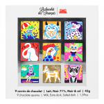 A neat box opens to reveal ten square chocolates, each wrapped in vibrant vintage-style wrappers featuring whimsical animal illustrations — fox, hedgehog, rabbit, owl — set against pastel backgrounds. The chocolates sit in a tidy grid, glossy and uniformly shaped.