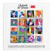 Image shows a neat arrangement of Le Chocolat des Français Art Square gift boxes, their colorful square wrappers displaying playful French illustrations. Gold foil highlights and glimpses of dark chocolate bars peek from open sleeves, all set on a crisp white surface in clean, modern styling. Subtle.
