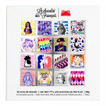 A compact rectangular gift box shows Parisian illustrations and bold, colorful patterns. Sixteen individually wrapped chocolates in assorted foil colors nest inside, each tile stamped with the brand script. The box displays weight and organic labeling on its cover. A slim satin ribbon trims the box.