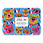 Glossy milk-chocolate bears with pillowy marshmallow centers sit neatly in a lined tray inside a chic rectangular box. Each bear shows smooth, shiny coating and delicate detailing; the box displays elegant French-style branding, pastel accents and a clear inner window. Sunlit sheen, tiny, cocoa flecks.