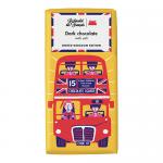 Stacked rectangular chocolate bars wrapped in cream-and-navy paper, showing a stylized red London double-decker bus and bold black Le Chocolat des Français typography. Small lettering reads Salted Dark; overall clean, graphic, vintage-inspired packaging.