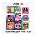 Nine slender chocolate bars sit neatly in a rectangular gift box with a lift-off lid. Each bar is wrapped in brightly illustrated paper featuring London-themed sketches and playful French typography reading Le Chocolat des Français. Contrasting colors and neat dividers create visual order. And shine