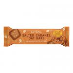 A 60g Oatopia Salted Caramel Oat Bake sits front and center in warm beige and caramel packaging, logo and salted-caramel graphics visible. Oat flakes and caramel drizzle appear on a partially unwrapped bar; several wrapped bars stack blurred in the background.