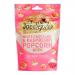 The image shows a branded packet of Joe & Seph’s White Chocolate & Raspberry Popcorn Bites. The pale-pink and cream packaging features the logo, stylized popcorn clusters coated in white chocolate, scattered freeze-dried raspberry pieces, and elegant typography with a glossy finish. Matte gold trim.