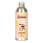 Six 200ml bottles of Sip Hazelnut syrup stand side by side, filled with warm amber liquid. Each bottle features a cream label with brown accents and a small hazelnut illustration, and a screw cap. Lighting creates soft reflections on glass and highlights the syrup’s rich color. Subtle side shadows appear.