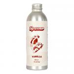 Six 200ml clear bottles labeled Sip Syrup Vanilla stand in neat rows. Golden vanilla syrup fills each bottle, catching light. Clean white labels show vanilla bean illustrations and simple text. White screw caps and a compact cardboard tray frame the uniform, grocery-store display. Soft light glints.