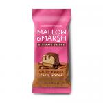 Festive rectangular wrapper shows a rich milk chocolate bar topped with toasted marshmallow, chocolate drizzle and graham crumbs, set against a red and green holiday background with snowflakes, ribbon trim and the Mallow & Marsh logo centered. Subtle sheen and tiny toasted specks scatter across bar
