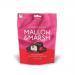A festive pouch displays six raspberry marshmallows, each enrobed in glossy 70% dark chocolate. Deep magenta centers peek where the coating cracks, contrasting with the rich brown sheen. Packaging shows winter motifs in red and green and a clear window revealing the confections. Light sugar dusting.