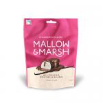 A festive pouch from Mallow & Marsh displays glossy milk chocolate–coated vanilla marshmallows, one cut open to reveal a fluffy white interior. Bright red and green Christmas-themed packaging shows snowflakes, holly accents and clear brand typography on a soft background.