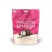 A festive pouch from Mallow & Marsh displays glossy milk chocolate–coated vanilla marshmallows, one cut open to reveal a fluffy white interior. Bright red and green Christmas-themed packaging shows snowflakes, holly accents and clear brand typography on a soft background.