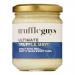 A cluster of six 190g glass jars of Truffle Guys Ultimate Truffle Mayo sits on a wood surface. Each jar shows a creamy, off-white mayo visible through clear glass, topped with a black lid and a black-and-gold festive label featuring truffle imagery and subtle holiday accents. Metallic sheen on lids.