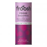 Twelve slender 235 ml Froosh smoothie bottles stand in a neat row, their clear plastic showing vibrant pink puree. Labels read Froosh with stylized fruit; holiday motifs—snowflakes, holly, red ribbons and tiny ornaments—encircle caps and necks, creating a wintry tableau.