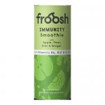 Photo shows twelve 235ml Froosh Immunity bottles arranged in a festive cluster, their bright red and green labels featuring stylized fruit and snowflake motifs. A gift-style box, ribbons and holly sprigs sit on a wooden table under soft, warm lighting that highlights condensation on the bottles. Up.