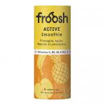 A twelve-pack of 235 ml Froosh Active smoothies sits in a festive tray. Clear bottles reveal deep red smoothies; labels feature seasonal motifs like snowflakes, holly and berry illustrations. Light condensation dots the plastic and the tray shows bright, holiday-themed graphics.