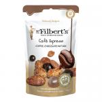 A photo shows fifteen festive 75g packets of Mr Filberts Café Espresso Coffee & Chocolate Nut Mix arranged in a tidy pile. Each red and green pack features the Mr Filberts logo, coffee beans, chocolate pieces and mixed nuts imagery against a snowflake-themed Christmas background.