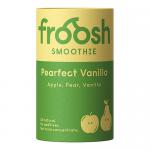 Festive arrangement of twelve 150 ml Froosh smoothie bottles — Apple, Pear and Vanilla — sits on a snowy wooden table. Bright green and cream labels feature fruit illustrations and subtle holiday motifs. Condensation beads on bottles, with scattered cranberries and fir sprigs. Warm glow adds depth..