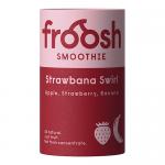 A tray of twelve 150ml Froosh smoothies — strawberry, banana and guava — sits in seasonal Christmas packaging. Bright red, yellow and green bottles display bold fruit illustrations, snowflakes and holly, with a wrapped-gift sleeve and soft twinkling lights. Condensation beads cling to bottle curves.