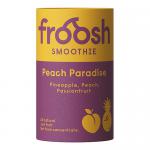 Brightly colored 150ml Froosh bottles (x12) stand in a neat group, each sporting a white cap and vibrant labels showing pineapple, peach and passionfruit illustrations. Tropical yellow, orange and pink hues pop against a simple festive backdrop with subtle holly and snowflake accents.