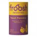 Brightly colored 150ml Froosh bottles (x12) stand in a neat group, each sporting a white cap and vibrant labels showing pineapple, peach and passionfruit illustrations. Tropical yellow, orange and pink hues pop against a simple festive backdrop with subtle holly and snowflake accents.