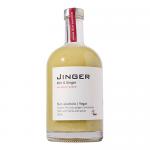 Six 500ml bottles of Jinger Ginger and Mint stand grouped on a wooden table, caps glinting. Labels mix red and green with ginger-root and mint graphics; droplets collect on chilled glass. Soft fairy lights, holly sprigs and a light dusting of snow add a Christmas ambience around the row of bottles....