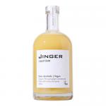 The photo shows six 500ml glass bottles of JINGER's Liquid Gold arranged in a staggered row against a festive backdrop. Amber, effervescent liquid glows through clear glass; condensation beads on bottles, metallic caps and white labels with gold accents.