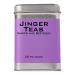 Bright red cartons of Jinger Drinks ginger and beetroot tea sit in neat rows, each box showing stylized beetroot and ginger illustrations, gold snowflakes and holly accents. A steaming glass mug beside them reveals deep pink brew, creating a cozy, festive scene. Soft fairy lights glow; sprigs dusted.