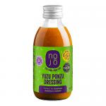 Six 200ml NOJO Yuzu Salad Sauce bottles stand in a neat row, translucent amber liquid visible through clear glass. Each bottle has a bright white label with citrus illustrations and bold NOJO branding, capped with yellow lids. Soft studio lighting casts gentle reflections.