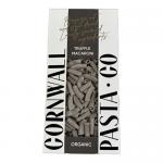 A stacked set of eight 250g Cornwall Pasta Co boxes labeled Organic Truffle Ribbons. The photo shows artisan-style packaging with a clear window revealing pale ribbon pasta, elegant typography, and festive Christmas motifs in rich seasonal hues.