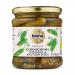Six clear glass jars with green lids sit together, each revealing small bright-green cornichons packed in clear brine. White labels display the green Biona logo and organic text with simple botanical illustrations, forming a tidy, uniform grocery-pack presentation.