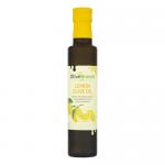 Six 250ml glass bottles of Olive Branch Lemon Extra Virgin Olive Oil stand in a neat pack, their clear glass showing golden-yellow oil. Bright labels feature lemon illustrations and olive branches; silver screw caps glint. The grouped bottles create a tidy, sunlit display. They sit in two neat rows.