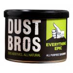A stacked row of twelve vibrant snack pouches sits inside a shallow display tray, each pouch bearing the Dust Bros logo and bold Everything Epic lettering. Bright colors, playful graphics, and clear weight markings create a lively grocery-shelf presence. Soft sheen highlights the sealed edges. gloss