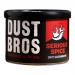 Brightly colored pouch featuring the Dust Bros logo in bold white letters across a dark red background. A stylized chili graphic and spice dust cloud decorate the front. Nutritional icons and a clear weight label appear near the bottom. Packs sit neatly in a rectangular cardboard case. Bright trims.