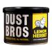A bright yellow packet labeled 'Dust Bros' bears a bold black-and-white logo and stylized lemon and herb illustrations. Clean typography reads 'Lemon Herbet' and '65g'. Twelve identical packets sit neatly stacked inside a plain corrugated box.