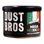 Image shows twelve 65g Dust Bros Mega Mexican snack bags neatly arranged in a rectangular cardboard tray. Each glossy bag displays a bold Dust Bros logo, fiery red and yellow color scheme, chili and lime graphics, and clear flavor text across the center.