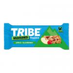 A single TRIBE x Wildfarmed Flapjack wrapper sits centered against a neutral background. Bright green and white branding frames bold TRIBE typography, with apple and raspberry illustrations, oats texture graphics and a clear 50g label visible on the compact, rectangular snack packet. Matte finish...