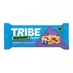 Bright blue packaging displays TRIBE x Wildfarmed branding above a close-up image of a golden oat flapjack studded with blueberries and almond pieces. Bold white type names the flavor, while small icons and nutrition text sit on a clean white background. An torn foil edge peeks out, casting a shadow.