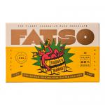 A glossy chocolate bar wrapper shows a cheeky cartoon monkey wearing a tilted hat and winking, splashes of rum-colored paint and bold yellow lettering on a dark brown background. The wrapper displays a playful, slightly messy design with scattered banana icons. A small label sits at the bottom now.