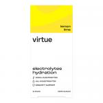 A bright lime and yellow box sits against a white background, showing the 'Virtue Electrolytes Hydration' logo and a lemon-lime graphic. Twelve slim, individually wrapped 5 g sachets fan beside the pack, featuring citrus illustrations and clean, modern typography. Glossy finish with visible nutrition.