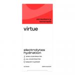 Bright packet of Virtue Electrolytes Hydration sits against a white background. A row of slim strawberry-pink and lemon-yellow sachets fan out beside a compact box showing the Virtue logo, stylized fruit graphics, and clear text indicating Strawberry Lemonade flavor. Soft light shows subtle texture.