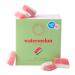 A bright rectangular box shows the Ask Mummy & Daddy logo surrounded by illustrated watermelon slices. Pink-red, rind-edged gummy pieces dusted with white fizzy sugar appear scattered across the packaging, set against playful fonts and vibrant green and pink background accents.