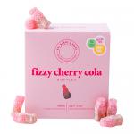 Bright cardboard box displays ten fizzy cherry cola bottle sweets arranged in two rows. Transparent red and cola-brown gummies show sparkling sugar crystals. Box artwork features playful 'Ask Mummy & Daddy' lettering, illustrated cherries and bubbles against a cheery, colorful backdrop. Soft glossy.