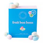 Bright rectangular box displays Ask Mummy & Daddy logo above illustrated fruit bonbon characters. Colorful berries, apples and citrus slices pattern wraps the packaging. Transparent window reveals individually wrapped pastel candies arranged in neat rows. Small nutritional text appears on the side.