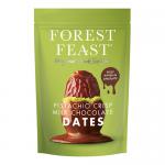 Image shows six Forest Feast Pistachio Crisp Dates 120g packs laid in two rows on a white background. Each green pack bears pistachio and date illustrations, bold name text, a small nutrition panel and a clear window revealing glossy, dark brown dates inside.